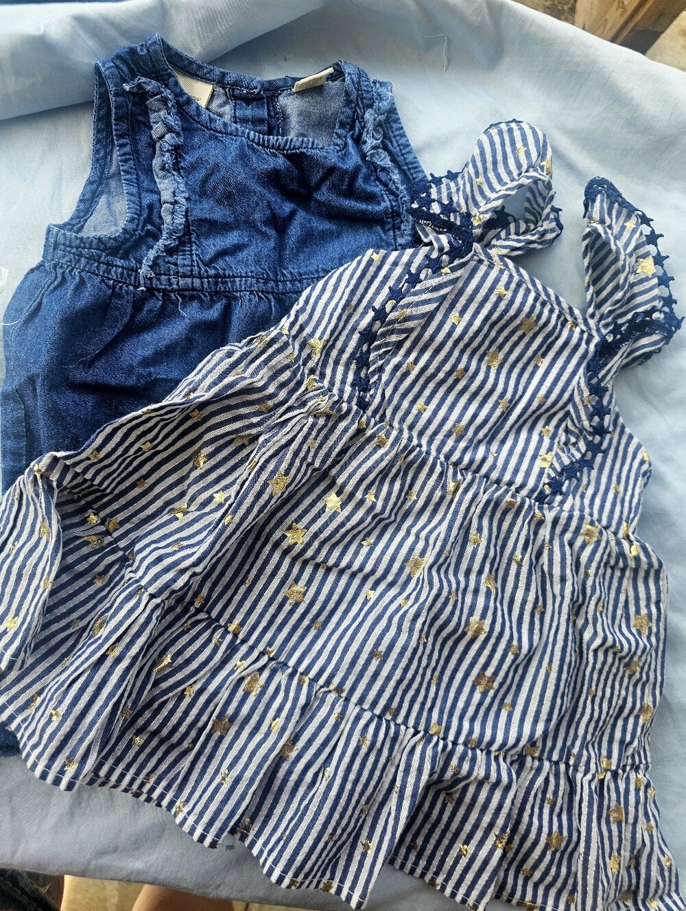 Blue Striped & Denim Toddler Dresses - Gold Star Accent